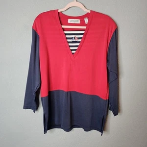 Karen Scott Sport Shirt Womens Large Embroidered Sailboat Americana Nautical Vtg - Picture 1 of 13