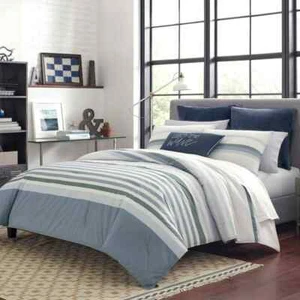 Nautica Comforter Set 104" x 92" Polyester King Cotton Striped Gray 3-Piece - Picture 1 of 11