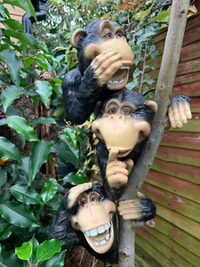 HEAR SEE SPEAK NO EVIL Monkey Garden Ornament Hanging Tree Roof Wall Porch Decor - Picture 1 of 10