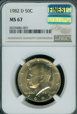1982 D KENNEDY HALF DOLLAR NGC MS67 MAC FINEST GRADE & SPOTLESS * - Image 1 of 2