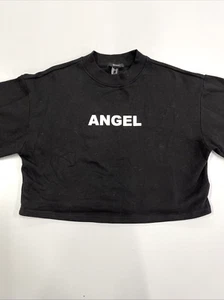 Women's Forever 21 "ANGEL" Long Sleeve Cropped Sweat Shirt Crew Neck Black M - Picture 1 of 5