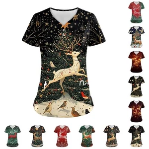 Women's Button V Neck Fashion Casual Christmas Print Tops Dry-nurse Top,Scrubs - Picture 1 of 45