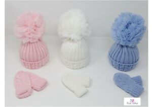 Baby Boys Girls Knitted Hat Pom Pom & Mittens Winter Pink Blue White Newborn-12M