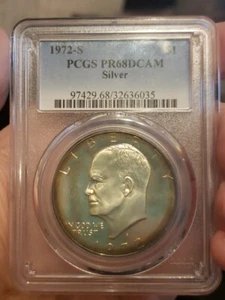 1972 S Eisenhower Silver Dollar PCGS PR68 DCAM - Blue Brown Toning - Picture 1 of 13