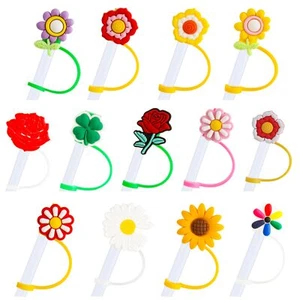 13 Pcs Silicone Straw Cover Cap Colored Dust-Proof Flower Blossom Cute Drinki... - Picture 1 of 8