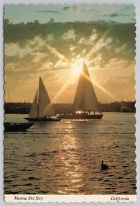 Marina Del Rey Segelboote Pelikan Sonnenuntergang Hafen Kontinental Chrom Postkarte - Bild 1 von 2