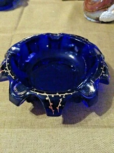 Art Deco thick cut cobalt blue glass card desk tray ashtray soap dish gold trim - Picture 1 of 6