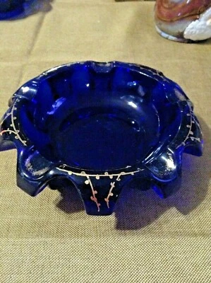 Art Deco thick cut cobalt blue glass card desk tray ashtray soap dish gold trim - Image 1 of 4