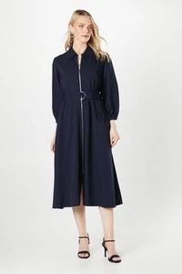 Abito svasato Principles donna aderente blu navy colletto zip davanti midi maniche a palloncino - Foto 1 di 5