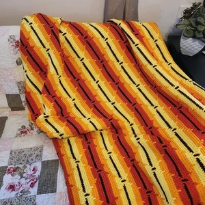 Handmade Vintage Crochet Afghan Blanket – 56x50” – Fire Colors Chevron Zigzag - Picture 1 of 5