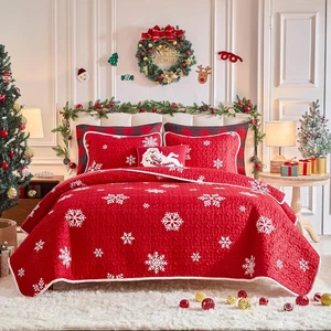 King Size Christmas Quilt Set 3 Pieces Red White Snowflake Holiday Bedspread - Picture 1 of 12