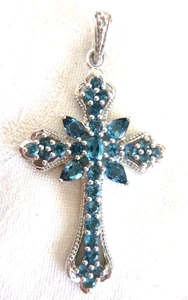 London Blue Topaz Cross 2.25" Pendant 925 Sterling Silver Signed CJ (or JC) - Picture 1 of 3