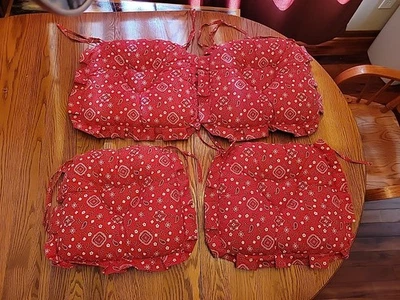 Juego de 4 cojines de asiento almohadilla silla cachemira bandana roja de colección con volantes y lazos Country Foto 1 de 4