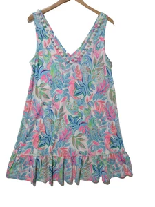 Gr. L L Lilly Pulitzer Swing Tank Kleid Bommel V-Ausschnitt Strand Hawaii Pink/Blau - Bild 1 von 10