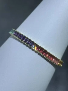 18k Yellow Gold Sterling Silver Emerald Cut Rainbow Sapphire Tennis Bracelet 7" - Picture 1 of 13