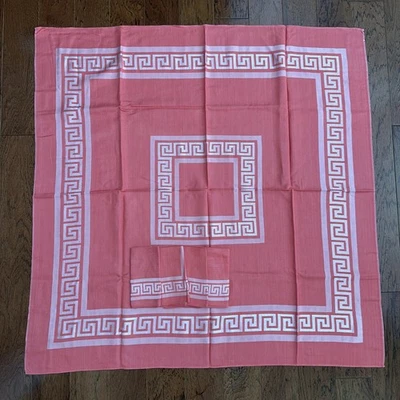 Greek Key Coral Salmon Square Tablecloth and Napkins 48”x48” - Image 1 of 4