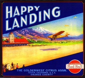 Impresión artística de etiqueta de caja de cítricos naranja avión Tustin Happy Landing - Imagen 1 de 1