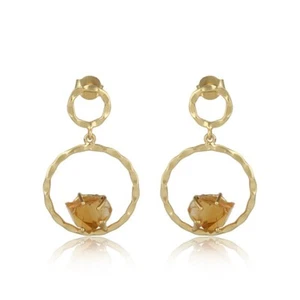 18k Gold Plated Double Open Circle Earrings With Raw Citrine Gemstone Jewelry - Picture 1 of 3