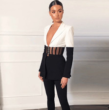 NEW! COUTURE BLAZER & PANT SUIT SET BLACK & WHITE WAIST CINCHING JACKET & PANTS