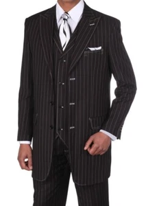 Fortino Landi Men's Gangster Pinstripe 3 Button Suit w/ Vest 5903 Black - Picture 1 of 8