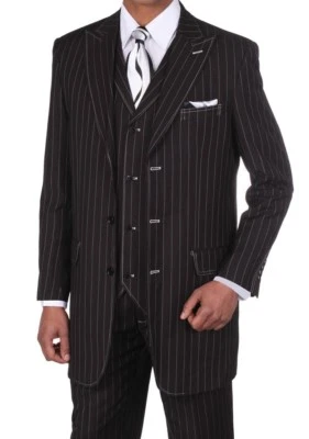 Fortino Landi Men's Gangster Pinstripe 3 Button Suit w/ Vest 5903 Black - Image 1 of 4