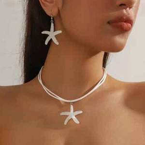 Boho Resin White Starfish Pendant Necklace & Earrings Set Charm Faux Rope Chain - Picture 1 of 9