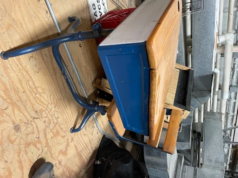 Mid-Century Children's Young Adult School Desk w/ Attached Chair - Metal & Wood Cover