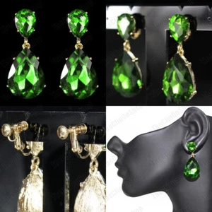 CLIP ON EARRINGS vintage teardrop GREEN&GOLD CRYSTAL DROPS glass rhinestone - Picture 1 of 6