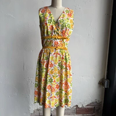 Vintage 1960s Colorful Groovy Floral Dress Fit Flare Size Small Tea Sundress Bow - Image 1 of 4
