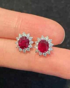 3.00Ct Oval Cut Red Ruby Lab Created Halo Stud Earrings 14K White Gold Plated - Picture 1 of 10