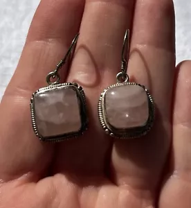 Vintage Sterling Silver 925 Rose Quartz Dangle Drop Earrings Unmarked Pink - Picture 1 of 3