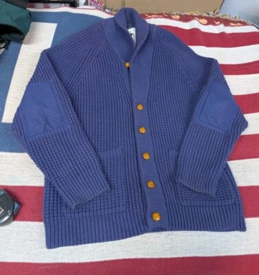 FCUK French Connection Cardigan Sweater XL Blue Elbow Patche Wood Buttons - Image 1 of 4