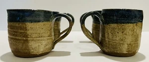 Set of 4 Rustic Hand Thrown Pottery Blue and Brown Coffee Mugs - Picture 1 of 10