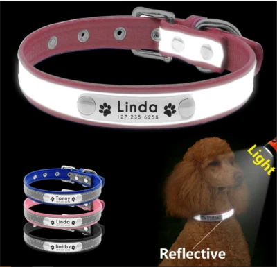 Collar de perro personalizado de cuero ligero reflectante suave con nombre personalizado etiquetas de identificación mascota gato Foto 1 de 4