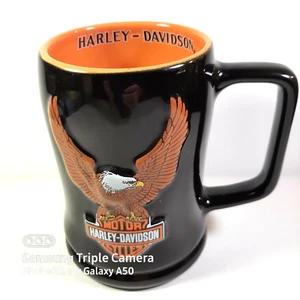  Harley Davidson Coffee Mug 3D Black Orange Embossed Raised Eagle Wings Biker  - Picture 1 of 11