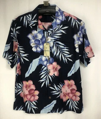 Caribbean Men Shirt Large Button Down Silk Blend Short Sleeve Hawaiian Navy Pink - Image 1 of 4