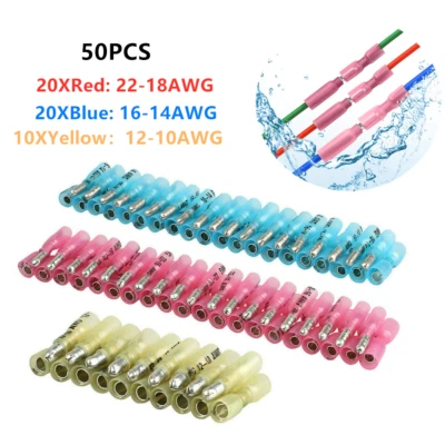50PCS Heat Shrink Crimp Bullet Terminals Female&Male Wire Connectors 22-10 WAG - Image 1 of 4