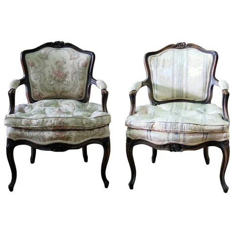 Companion Pair of Carved Walnut Tufted Louis XVI Style Fauteuils Armchairs Cover