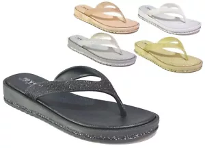 LADIES GLITTER FLIP FLOPS Black Slip On WEDGE Womens Toe Post UK Sizes 3-8 - Picture 1 of 25