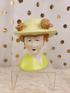 Vintage Styled Ceramic Lady With Hat Yellow Green Head Bust - Picture 1 of 10