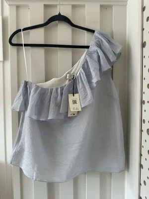 Ted Baker Striped Blue White One Shoulder Ruffle Blouse Top UK 14 TB 4 Pienza - Image 1 of 4