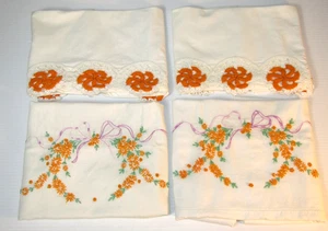 Lot 4 VTG Mid Century Cotton Pillow Cases Crochet Embroidery 2-Pairs Orange - Picture 1 of 13