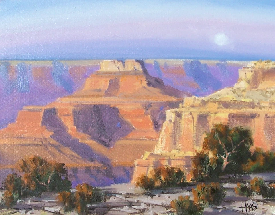 Pintura TOM HAAS 'Sunrise Moonset' óleo 11"x14" desierto del Gran Cañón Arizona Foto 1 de 2