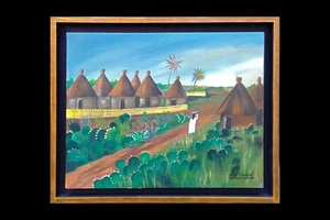 Bibi Zogbe, pueblo senegalés 1947, pintura al óleo a bordo firmada, árabe libanesa - Imagen 1 de 3
