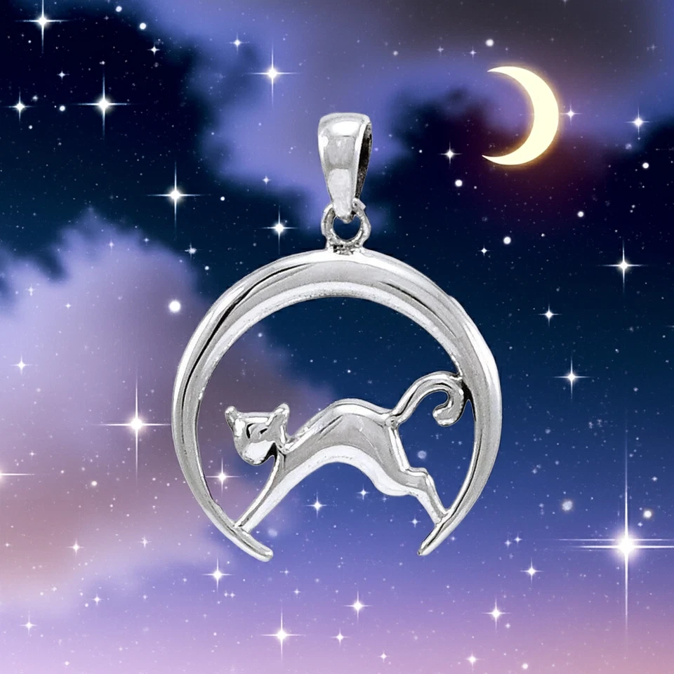 Cat Crescent Moon Lunar Magic Intuition Sterling Silver Pendant - Image 1 of 3