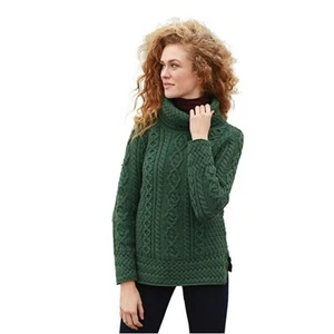 Aran Woollen Mills Merino Wool Green Roll Neck Cable FIsherman Sweater Size L   - Bild 1 von 9
