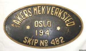 18" Vintage Akers Mek Verksted Skip 482 Brass Ship Maritime Plaque Sign - Picture 1 of 9
