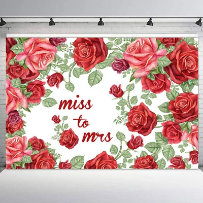 10x8ft Sweet Red Rose Floral Miss to Mrs Bridal Vinyl Backdrop Photo Background — 第 1/4 张图片