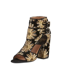 Laurence Dacade Metallic-Embroidered Velvet Open-Toe Bootie - Picture 1 of 5