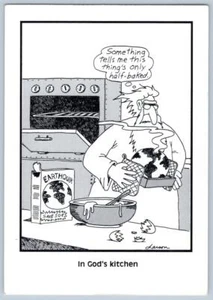 1985 IN GODS KITCHEN EARTHQUIK BAKING MIX GARY LARSEN FAR SIDE VINTAGE POSTCARD - Picture 1 of 2